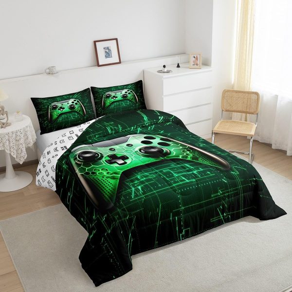 Boys Gamepad King Size Comforter Set Kids Honeycomb Geometry Decor All Season Bedding Set for Girls Teens Reversible Gaming Video Games Comforter Green and Blue Decor Quilt Set Bedroom Collection 3Pcs - Image 181