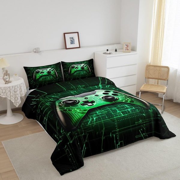 Boys Gamepad King Size Comforter Set Kids Honeycomb Geometry Decor All Season Bedding Set for Girls Teens Reversible Gaming Video Games Comforter Green and Blue Decor Quilt Set Bedroom Collection 3Pcs - Image 182