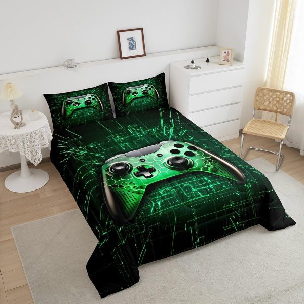 Boys Gamepad King Size Comforter Set Kids Honeycomb Geometry Decor All Season Bedding Set for Girls Teens Reversible Gaming Video Games Comforter Green and Blue Decor Quilt Set Bedroom Collection 3Pcs - Image 183