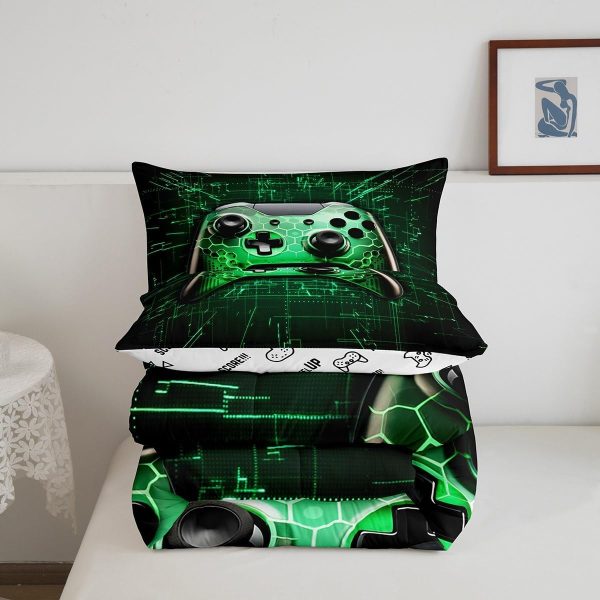 Boys Gamepad King Size Comforter Set Kids Honeycomb Geometry Decor All Season Bedding Set for Girls Teens Reversible Gaming Video Games Comforter Green and Blue Decor Quilt Set Bedroom Collection 3Pcs - Image 184