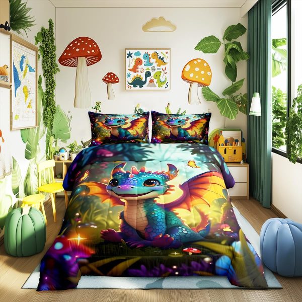 Cute Dragon Comforter Set Twin Size Mushroom Floral Butterfly Bedding Set Bedroom Decor for Kids Boys Girls Fantasy Purple Orange Wings Dragon All Season Blanket Gift Dragons Lover Son Birthday,2Pcs - Image 74