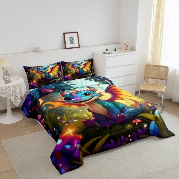 Cute Dragon Comforter Set Twin Size Mushroom Floral Butterfly Bedding Set Bedroom Decor for Kids Boys Girls Fantasy Purple Orange Wings Dragon All Season Blanket Gift Dragons Lover Son Birthday,2Pcs - Image 75