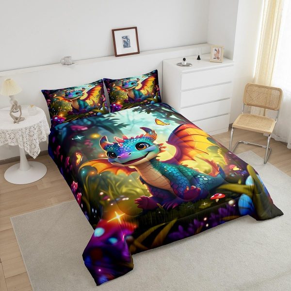 Cute Dragon Comforter Set Twin Size Mushroom Floral Butterfly Bedding Set Bedroom Decor for Kids Boys Girls Fantasy Purple Orange Wings Dragon All Season Blanket Gift Dragons Lover Son Birthday,2Pcs - Image 76