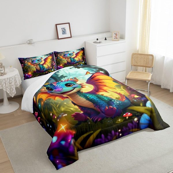 Cute Dragon Comforter Set Twin Size Mushroom Floral Butterfly Bedding Set Bedroom Decor for Kids Boys Girls Fantasy Purple Orange Wings Dragon All Season Blanket Gift Dragons Lover Son Birthday,2Pcs - Image 77
