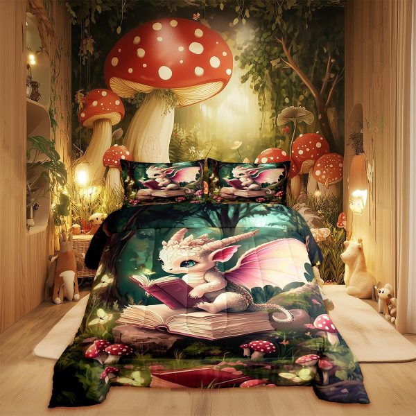 Cute Dragon Comforter Set Twin Size Mushroom Floral Butterfly Bedding Set Bedroom Decor for Kids Boys Girls Fantasy Purple Orange Wings Dragon All Season Blanket Gift Dragons Lover Son Birthday,2Pcs - Image 89