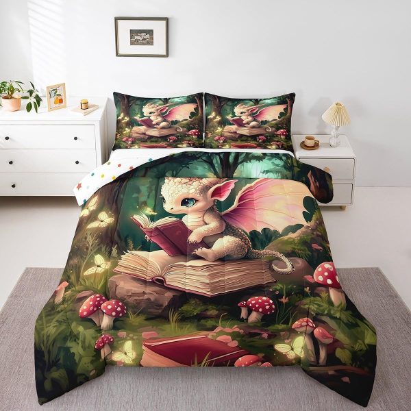 Cute Dragon Comforter Set Twin Size Mushroom Floral Butterfly Bedding Set Bedroom Decor for Kids Boys Girls Fantasy Purple Orange Wings Dragon All Season Blanket Gift Dragons Lover Son Birthday,2Pcs - Image 90