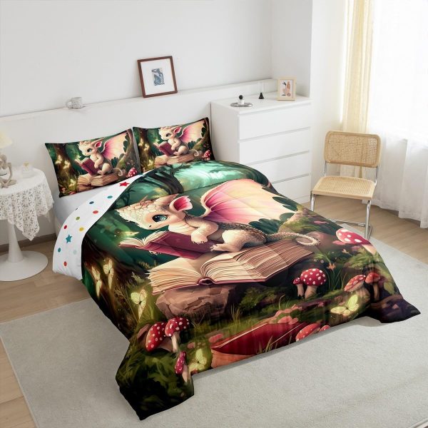 Cute Dragon Comforter Set Twin Size Mushroom Floral Butterfly Bedding Set Bedroom Decor for Kids Boys Girls Fantasy Purple Orange Wings Dragon All Season Blanket Gift Dragons Lover Son Birthday,2Pcs - Image 92