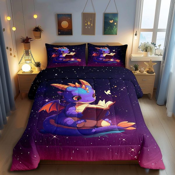 Cute Dragon Comforter Set Twin Size Mushroom Floral Butterfly Bedding Set Bedroom Decor for Kids Boys Girls Fantasy Purple Orange Wings Dragon All Season Blanket Gift Dragons Lover Son Birthday,2Pcs - Image 94
