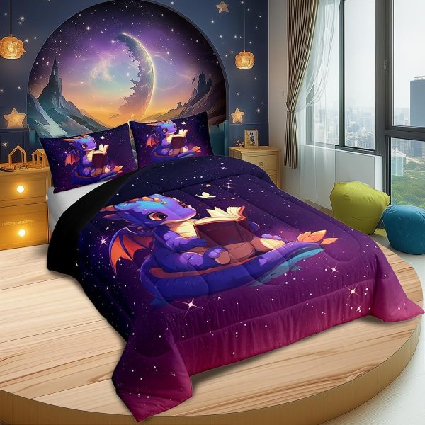 Cute Dragon Comforter Set Twin Size Mushroom Floral Butterfly Bedding Set Bedroom Decor for Kids Boys Girls Fantasy Purple Orange Wings Dragon All Season Blanket Gift Dragons Lover Son Birthday,2Pcs - Image 95