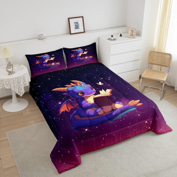 Cute Dragon Comforter Set Twin Size Mushroom Floral Butterfly Bedding Set Bedroom Decor for Kids Boys Girls Fantasy Purple Orange Wings Dragon All Season Blanket Gift Dragons Lover Son Birthday,2Pcs - Image 97