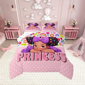Castle Fairy African American Black Girl Comforter Set Twin Size,Pink Black Princess Girls Bedding Set,Cute Glitter Kids Quilt Set Teens Flower Star Colorful Dots Reversible Print Duvet Insert 2Pcs