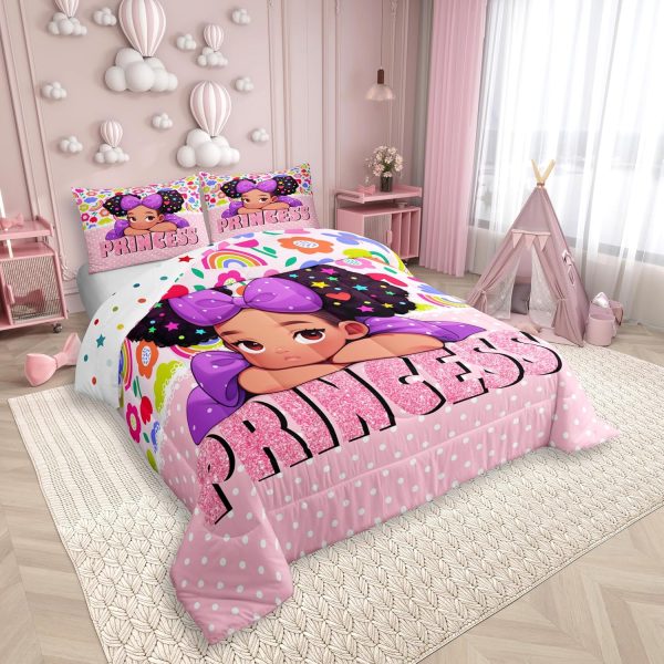 Castle Fairy African American Black Girl Comforter Set Twin Size,Pink Black Princess Girls Bedding Set,Cute Glitter Kids Quilt Set Teens Flower Star Colorful Dots Reversible Print Duvet Insert 2Pcs - Image 2