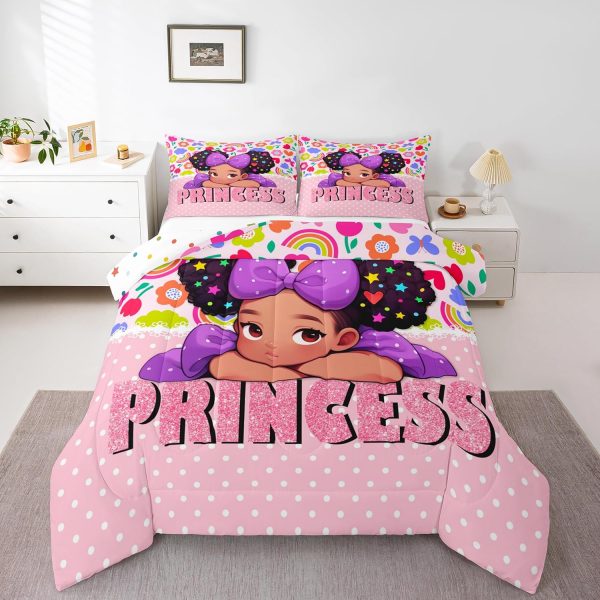 Castle Fairy African American Black Girl Comforter Set Twin Size,Pink Black Princess Girls Bedding Set,Cute Glitter Kids Quilt Set Teens Flower Star Colorful Dots Reversible Print Duvet Insert 2Pcs - Image 3