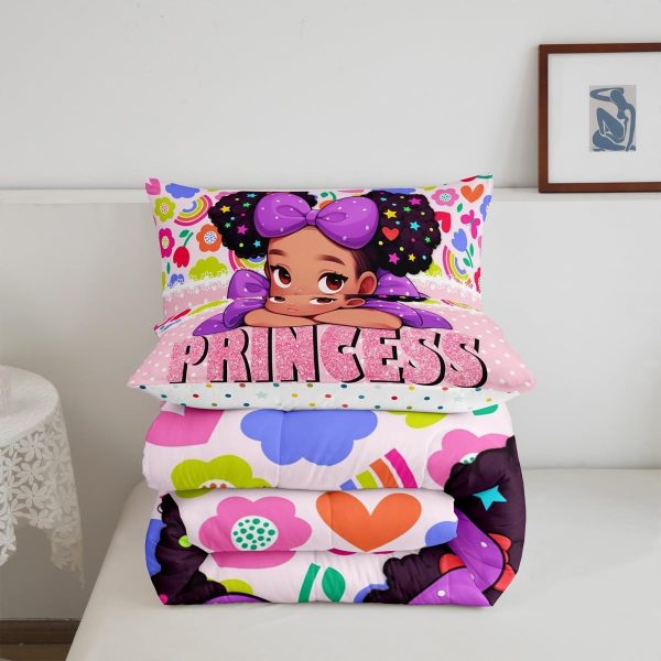 Castle Fairy African American Black Girl Comforter Set Twin Size,Pink Black Princess Girls Bedding Set,Cute Glitter Kids Quilt Set Teens Flower Star Colorful Dots Reversible Print Duvet Insert 2Pcs - Image 5