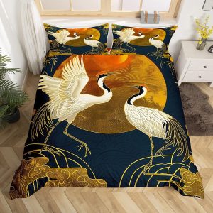 Japanese Crane Duvet Cover Set Queen Size,Gold Sun Cloud Stripes Bedding Set 3Pcs,Retro Ukiyoe Leaf Print Comforter Cover for Adult Women Men Room Decor,Wild Animals Quilt Cover,2 Pillowcases