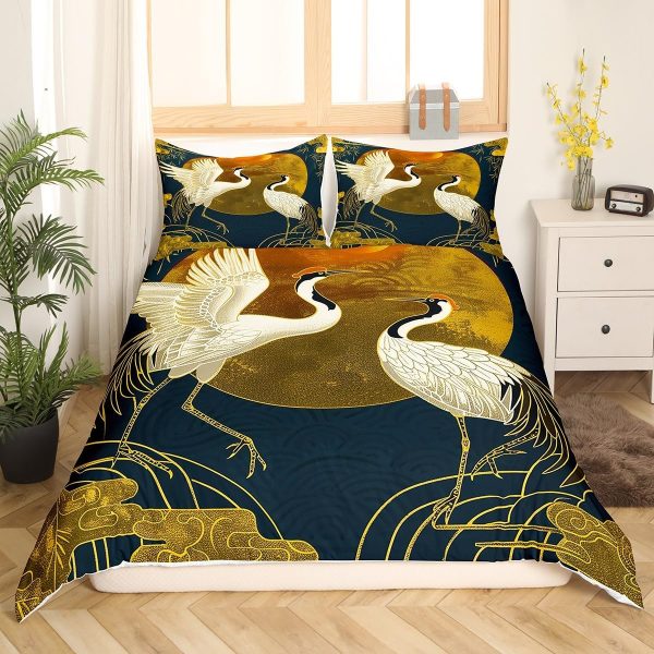 Japanese Crane Duvet Cover Set Queen Size,Gold Sun Cloud Stripes Bedding Set 3Pcs,Retro Ukiyoe Leaf Print Comforter Cover for Adult Women Men Room Decor,Wild Animals Quilt Cover,2 Pillowcases - Image 2