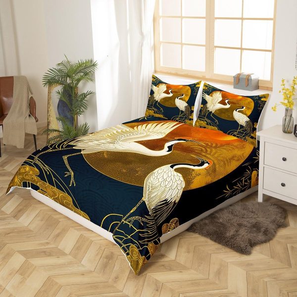 Japanese Crane Duvet Cover Set Queen Size,Gold Sun Cloud Stripes Bedding Set 3Pcs,Retro Ukiyoe Leaf Print Comforter Cover for Adult Women Men Room Decor,Wild Animals Quilt Cover,2 Pillowcases - Image 3