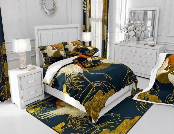 Japanese Crane Duvet Cover Set Queen Size,Gold Sun Cloud Stripes Bedding Set 3Pcs,Retro Ukiyoe Leaf Print Comforter Cover for Adult Women Men Room Decor,Wild Animals Quilt Cover,2 Pillowcases - Image 4