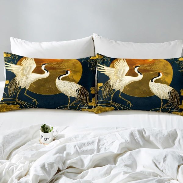 Japanese Crane Duvet Cover Set Queen Size,Gold Sun Cloud Stripes Bedding Set 3Pcs,Retro Ukiyoe Leaf Print Comforter Cover for Adult Women Men Room Decor,Wild Animals Quilt Cover,2 Pillowcases - Image 6