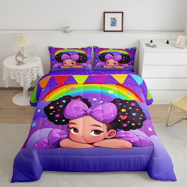 Castle Fairy African American Black Girl Comforter Set Twin Size,Pink Black Princess Girls Bedding Set,Cute Glitter Kids Quilt Set Teens Flower Star Colorful Dots Reversible Print Duvet Insert 2Pcs - Image 154