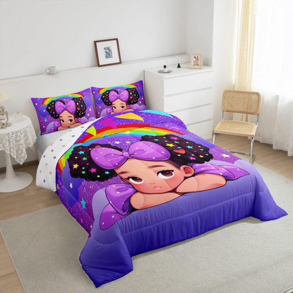 Castle Fairy African American Black Girl Comforter Set Twin Size,Pink Black Princess Girls Bedding Set,Cute Glitter Kids Quilt Set Teens Flower Star Colorful Dots Reversible Print Duvet Insert 2Pcs - Image 155