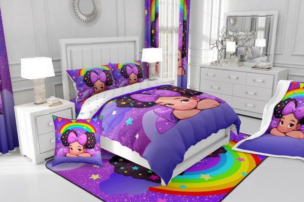 Castle Fairy African American Black Girl Comforter Set Twin Size,Pink Black Princess Girls Bedding Set,Cute Glitter Kids Quilt Set Teens Flower Star Colorful Dots Reversible Print Duvet Insert 2Pcs - Image 156