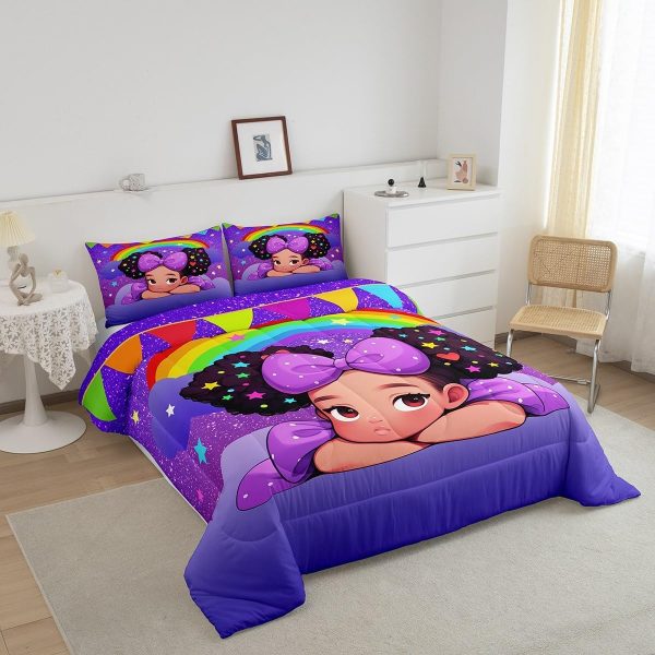 Castle Fairy African American Black Girl Comforter Set Twin Size,Pink Black Princess Girls Bedding Set,Cute Glitter Kids Quilt Set Teens Flower Star Colorful Dots Reversible Print Duvet Insert 2Pcs - Image 157