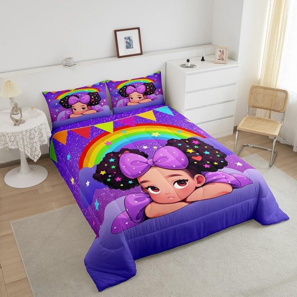 Castle Fairy African American Black Girl Comforter Set Twin Size,Pink Black Princess Girls Bedding Set,Cute Glitter Kids Quilt Set Teens Flower Star Colorful Dots Reversible Print Duvet Insert 2Pcs - Image 158