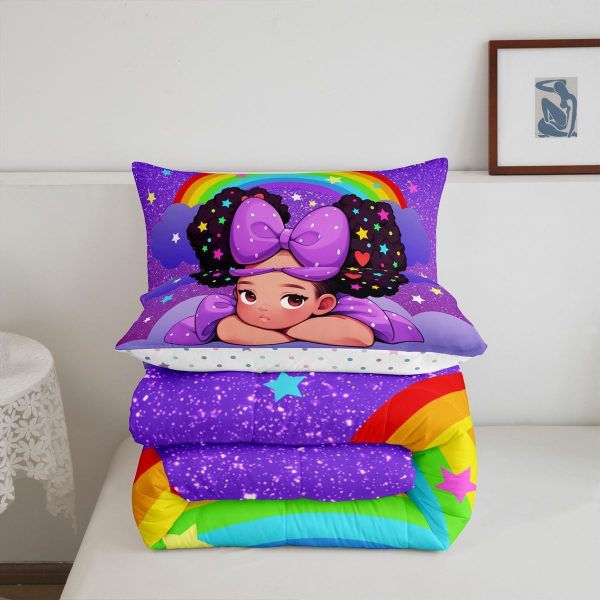 Castle Fairy African American Black Girl Comforter Set Twin Size,Pink Black Princess Girls Bedding Set,Cute Glitter Kids Quilt Set Teens Flower Star Colorful Dots Reversible Print Duvet Insert 2Pcs - Image 159