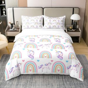 Full Size Duvet Cover Set Unicorn Comforter Cover Set 100% Pure Cotton Cute Boho Rainbow Horse Duvet Cover Set Cartoon Animal Bedding Set 3 Pcs(No Filler)