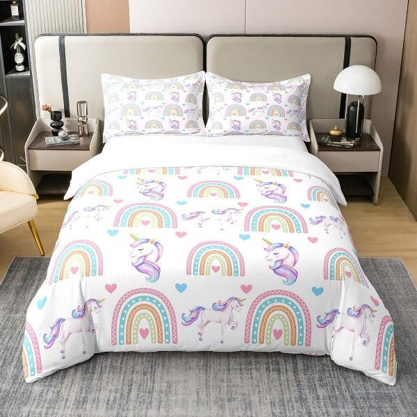 Full Size Duvet Cover Set Unicorn Comforter Cover Set 100% Pure Cotton Cute Boho Rainbow Horse Duvet Cover Set Cartoon Animal Bedding Set 3 Pcs(No Filler)