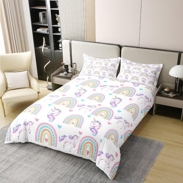 Full Size Duvet Cover Set Unicorn Comforter Cover Set 100% Pure Cotton Cute Boho Rainbow Horse Duvet Cover Set Cartoon Animal Bedding Set 3 Pcs(No Filler) - Image 2