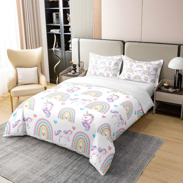 Full Size Duvet Cover Set Unicorn Comforter Cover Set 100% Pure Cotton Cute Boho Rainbow Horse Duvet Cover Set Cartoon Animal Bedding Set 3 Pcs(No Filler) - Image 3
