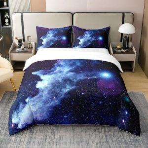 Glittering Galaxy Sky 100% Cotton Duvet Cover,Mystery Galaxy Blue Nebula Breathable Comforter Cover (Not Comforter),Dreamy Universe Watercolor Dark Night Comforter Cover 3 Pcs with 2 Pillowcases Full