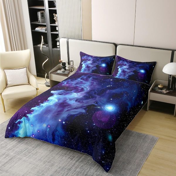 Glittering Galaxy Sky 100% Cotton Duvet Cover,Mystery Galaxy Blue Nebula Breathable Comforter Cover (Not Comforter),Dreamy Universe Watercolor Dark Night Comforter Cover 3 Pcs with 2 Pillowcases Full - Image 2