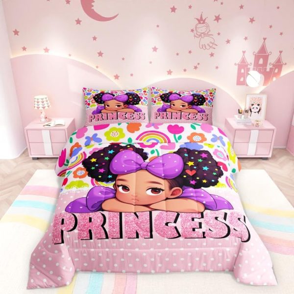 Castle Fairy African American Black Girl Comforter Set Twin Size,Pink Black Princess Girls Bedding Set,Cute Glitter Kids Quilt Set Teens Flower Star Colorful Dots Reversible Print Duvet Insert 2Pcs - Image 300