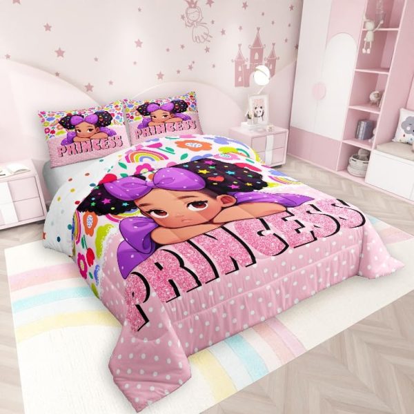 Castle Fairy African American Black Girl Comforter Set Twin Size,Pink Black Princess Girls Bedding Set,Cute Glitter Kids Quilt Set Teens Flower Star Colorful Dots Reversible Print Duvet Insert 2Pcs - Image 301