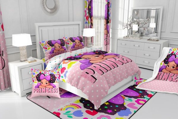 Castle Fairy African American Black Girl Comforter Set Twin Size,Pink Black Princess Girls Bedding Set,Cute Glitter Kids Quilt Set Teens Flower Star Colorful Dots Reversible Print Duvet Insert 2Pcs - Image 307