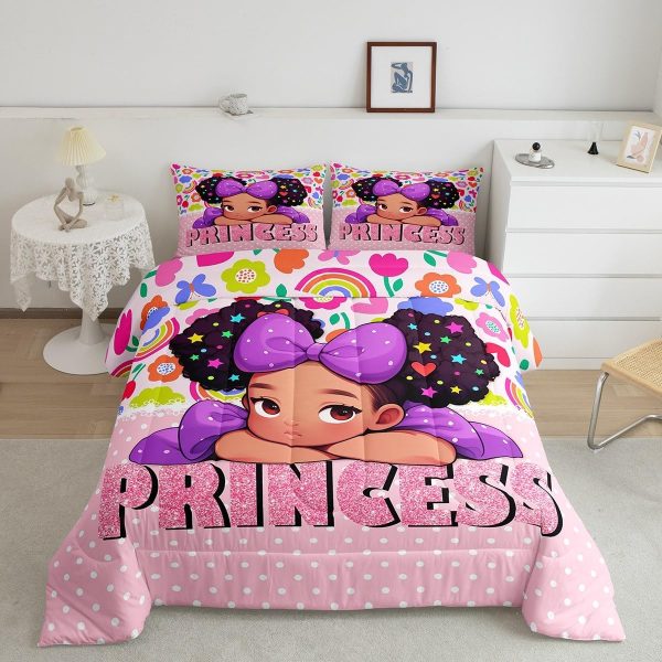 Castle Fairy African American Black Girl Comforter Set Twin Size,Pink Black Princess Girls Bedding Set,Cute Glitter Kids Quilt Set Teens Flower Star Colorful Dots Reversible Print Duvet Insert 2Pcs - Image 308